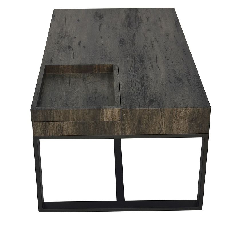 Rectangular Wooden Coffee Table with Hidden Storage and Metal Sled Base， Gray and Black