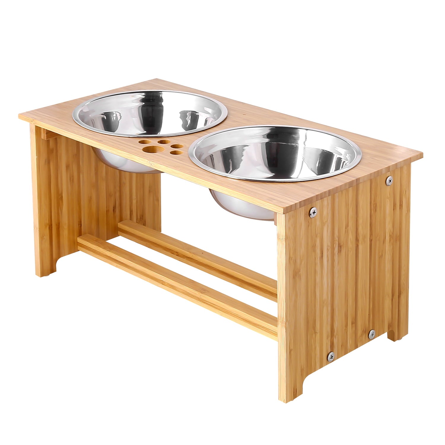 YY FOREYY Raised Pet Bowls for Cats and Small Dogs, Bamboo Elevated Dog Cat Food and Water Bowls Stand Feeder with 2 Stainless Steel Bowls and Anti Slip Feet(10'' Tall)