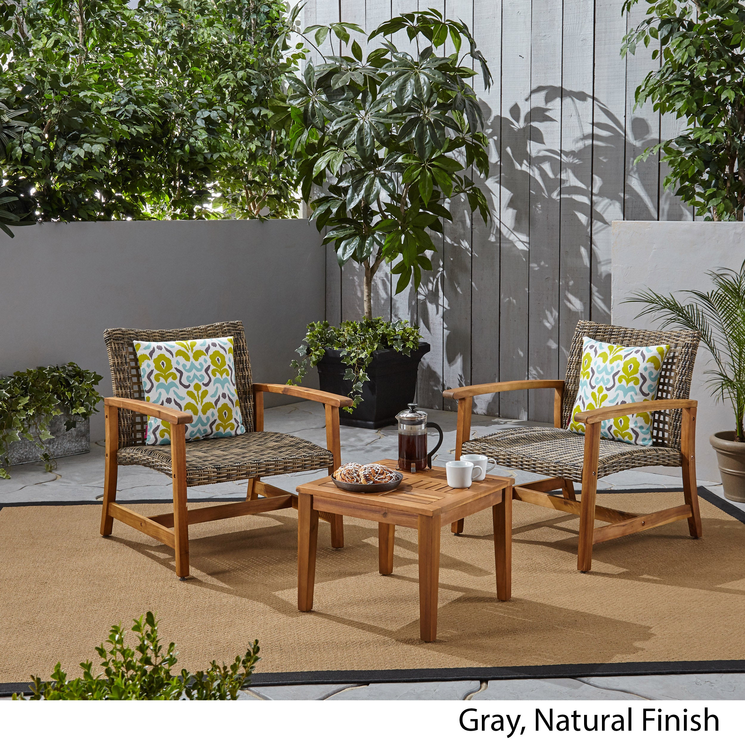 Alyssa Outdoor 3 Piece Wood and Wicker Club Chairs and Side Table Set