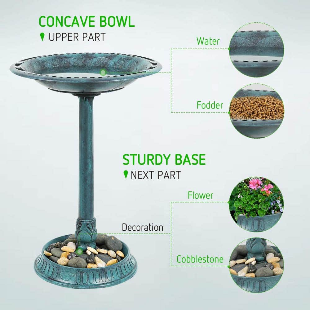 VIVOSUN 28 in. H Polyresin Lightweight Antique Garden BirdBath with Planter Base in Green X0026JT2LR