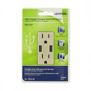 Leviton 3.6A USB Dual Type A In-Wall Charger with 15 Amp Tamper-Resistant Outlets Ivory R01-T5632-0BI