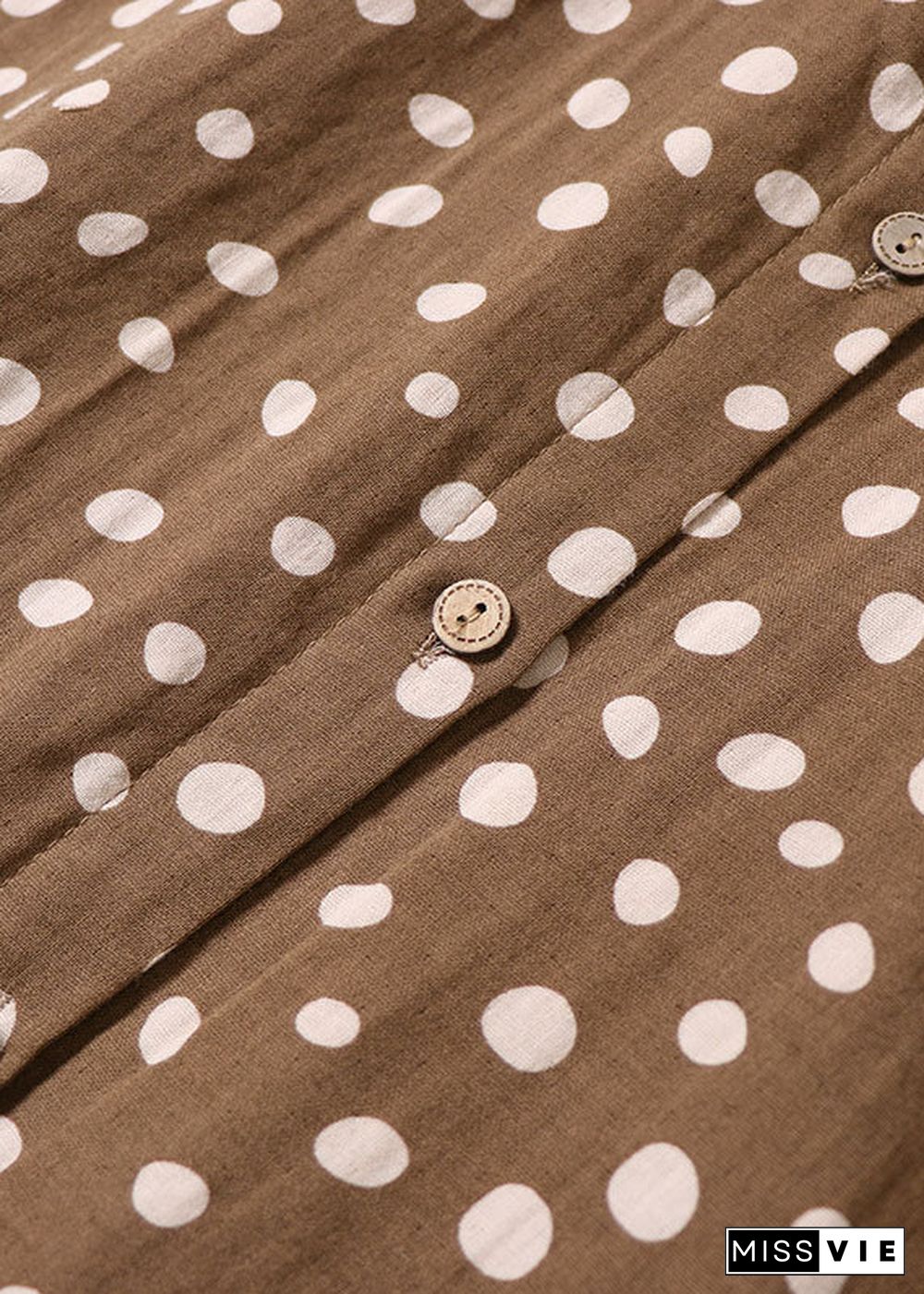 French Yellow Brown Button Dot Print Cotton Dress Spring