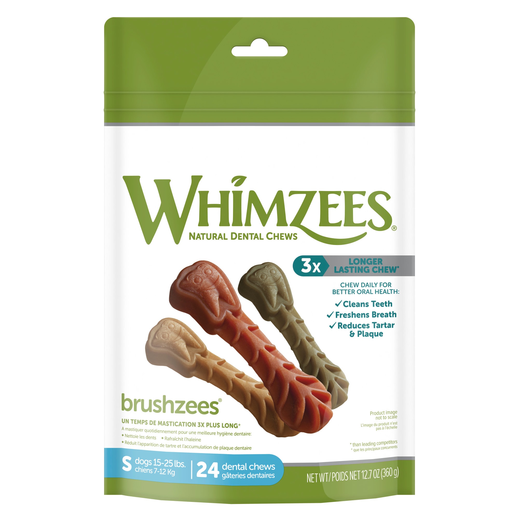 Whimzees Natural Grain Free Daily Dental Long Lasting Brushzees Small Dog Treats， 12.7 oz.， Pack of 24