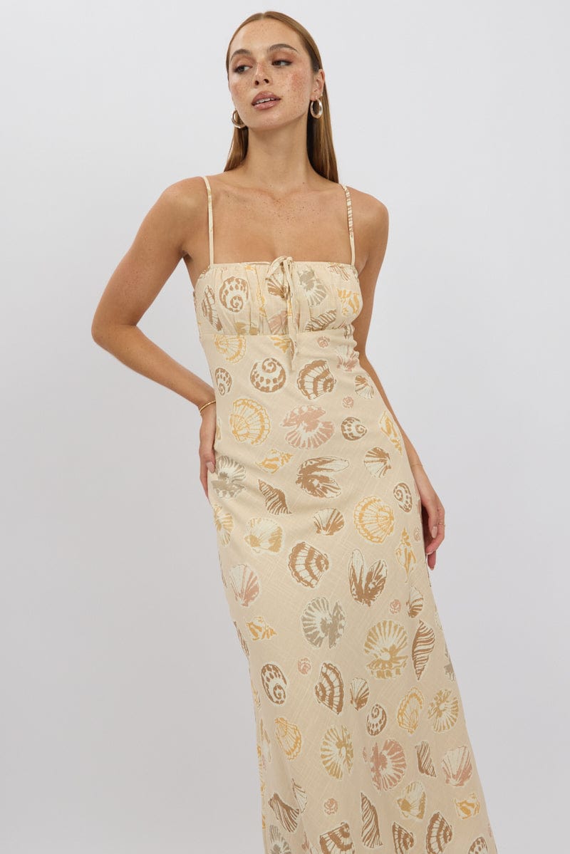 Beige Abstract Midi Dress Strappy