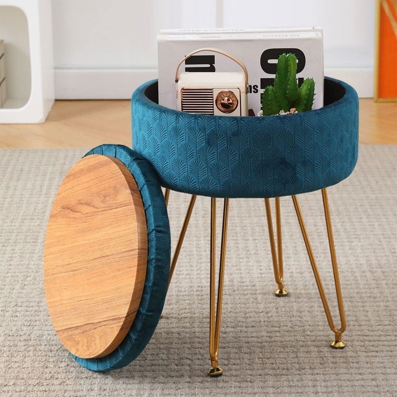 Velvet Storage Ottoman Round Footrest