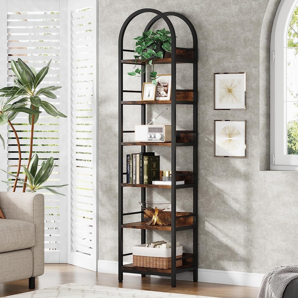 6 Tier Open Bookshelf  Tall Arched Bookcase Narrow Bookshelf