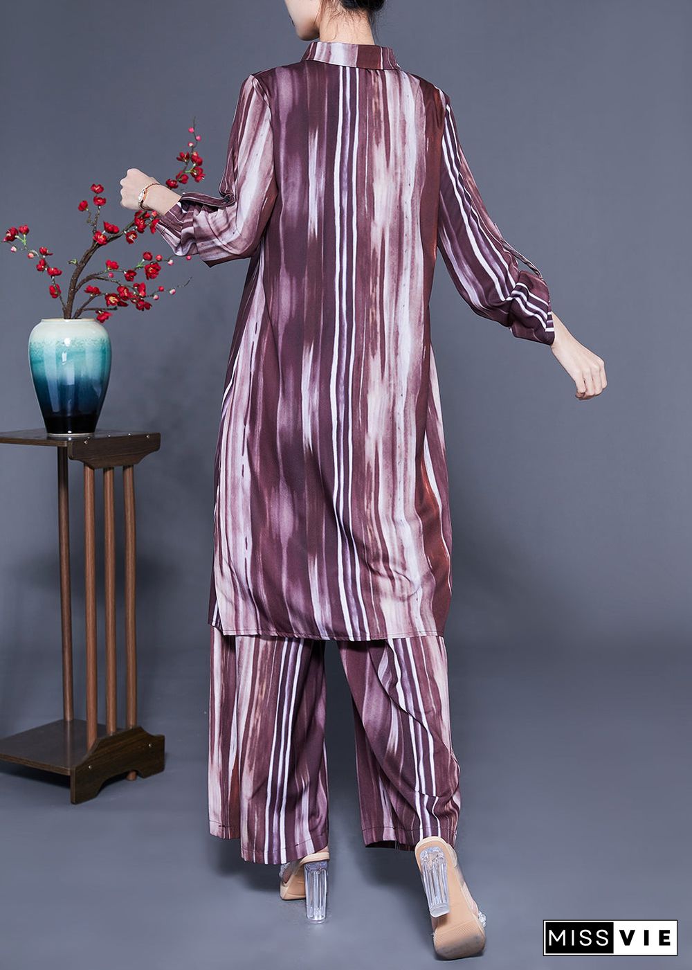 Plus Size Brown Peter Pan Collar Tie Dye Silk Long Shirt And Straight Pants Two Pieces Set Spring