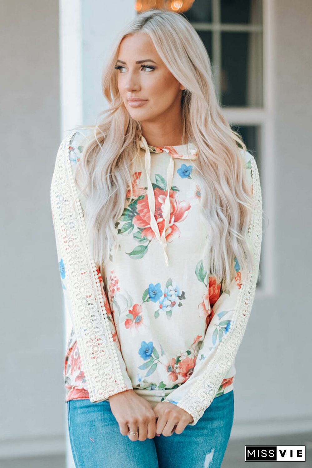 Apricot Floral Print Lace Contrast Long Sleeve Hoodie