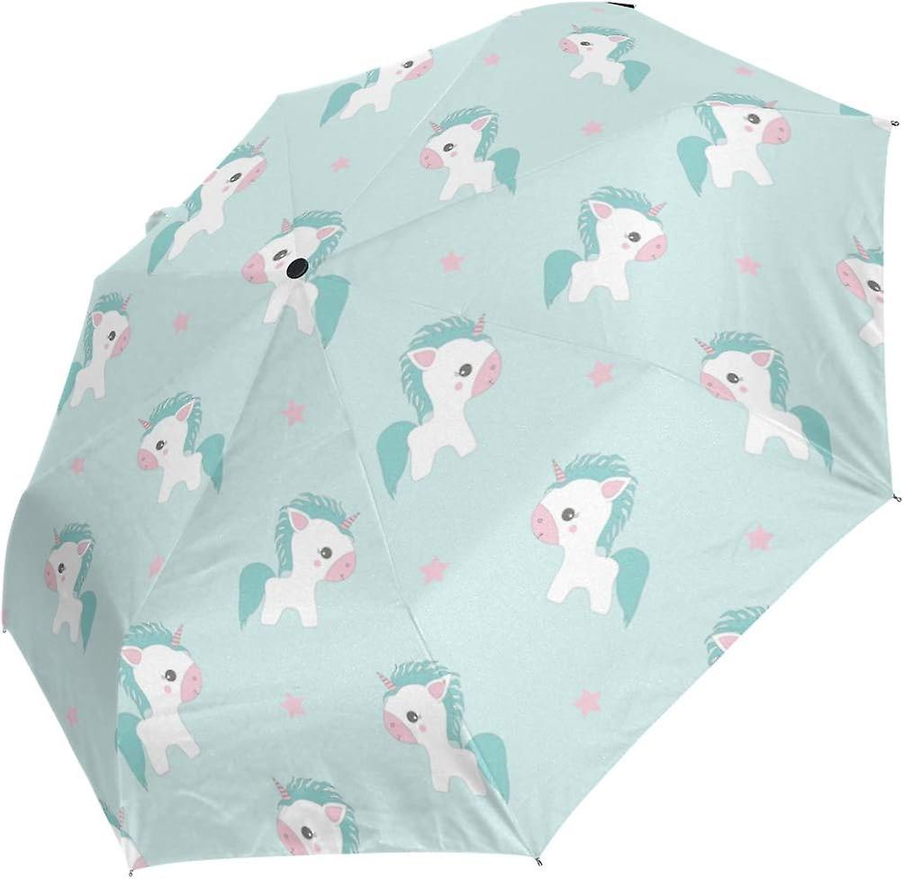 Travel Umbrella Automatic Windproof Foldable Umbrella Unicorns On Light Blue