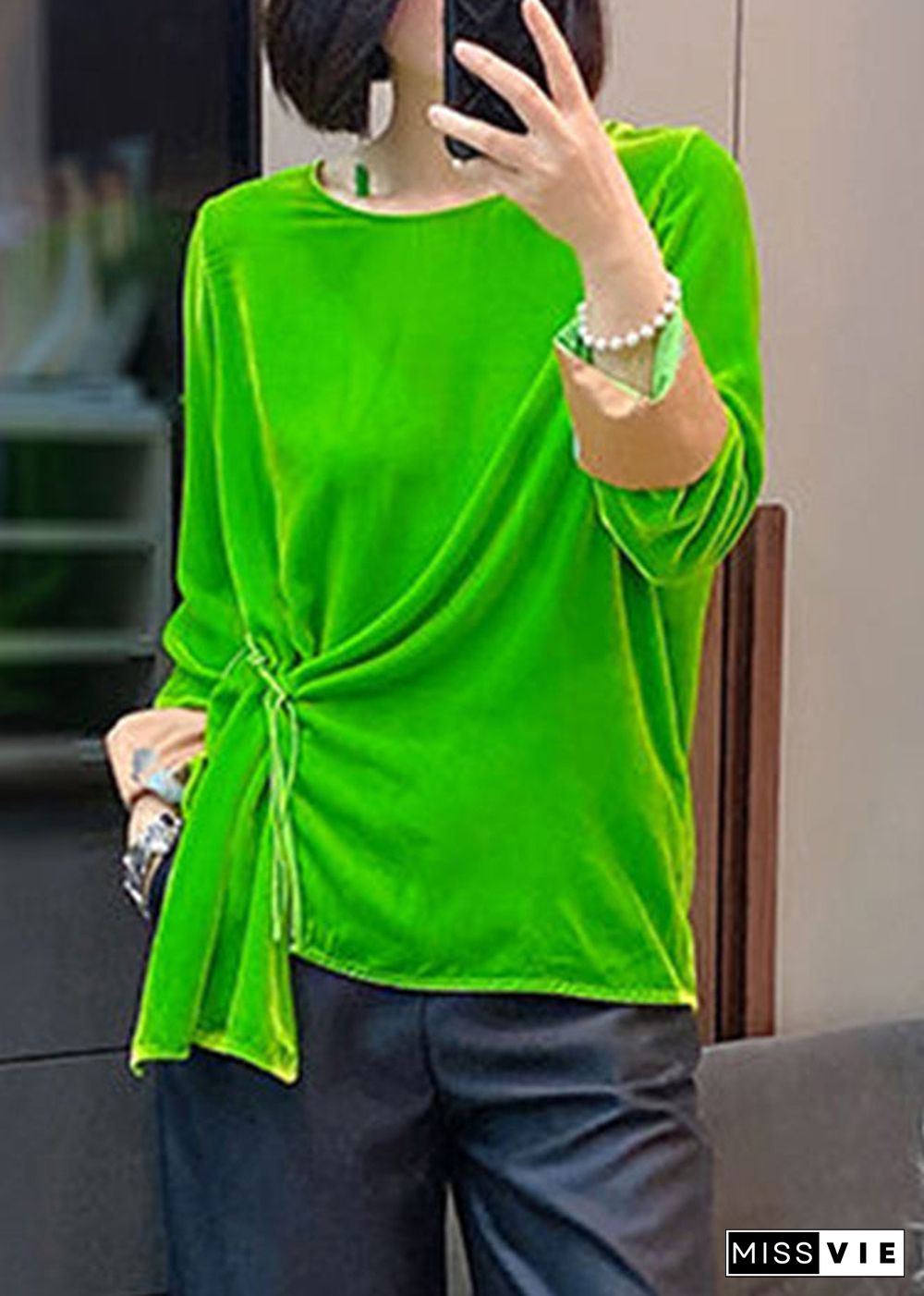 Plus Size Green O-Neck Cinched Velour tops long sleeve