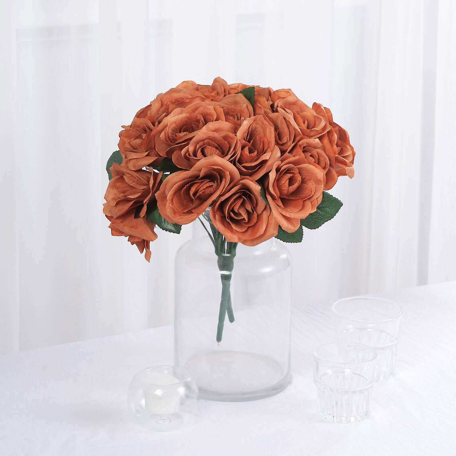 Terracotta (Rust) Artificial Velvet-Like Fabric Rose Flower Bouquet Bush 12