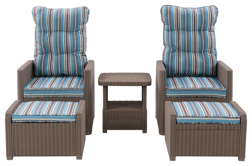 Lake Front Beige/Blue Striped Rattan Patio Recliner  Ottoman Set  5pc   Tropical   Outdoor Lounge Sets   by CorLiving Distribution LLC  Houzz