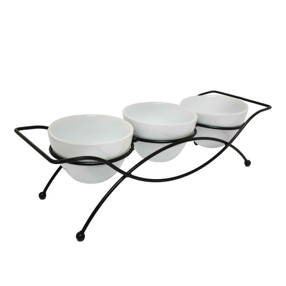 Porcelain Serving Bowl Set with Metal Rack - 4 Pcs. Appetizer Serving Bowls Set