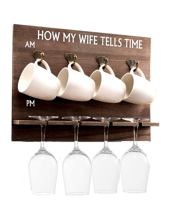 Bezrat How My Wife Tells Time Wall Mounted Wine Rack with Wine Glasses and Coffee Mugs Set of 9