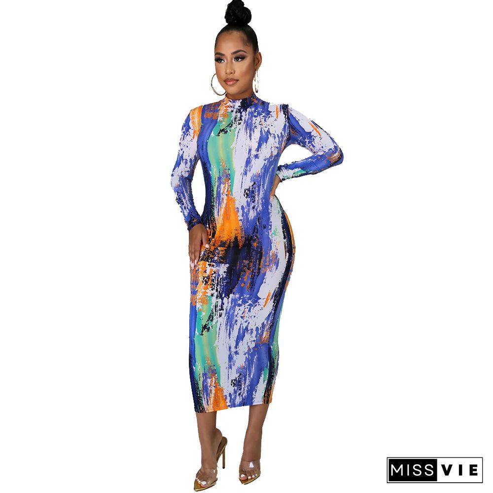 Tie Dye Printing Fashion Long Sleeve Round Neck Back Zipper Partywear Summer Bodycon Maxi Long Dress