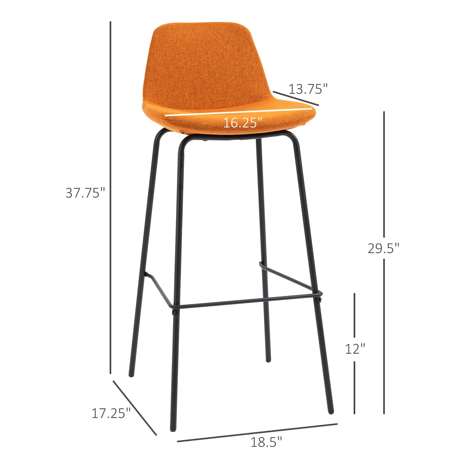 HOMCOM 29.5 Seat Height Bar Stools Set of 2， Upholstered Bar Chairs， Armless Barstools with Back， Steel Legs， Orange