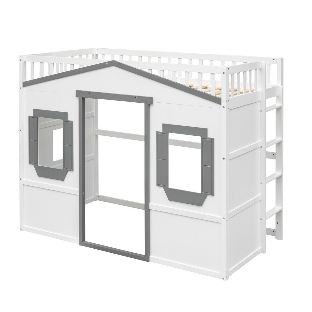 House Loft Bed Twin Kids Playhouse Bed  Solid Wood Loft Bed Frame with Window and Ladder  for Girls Boys  White+Grey