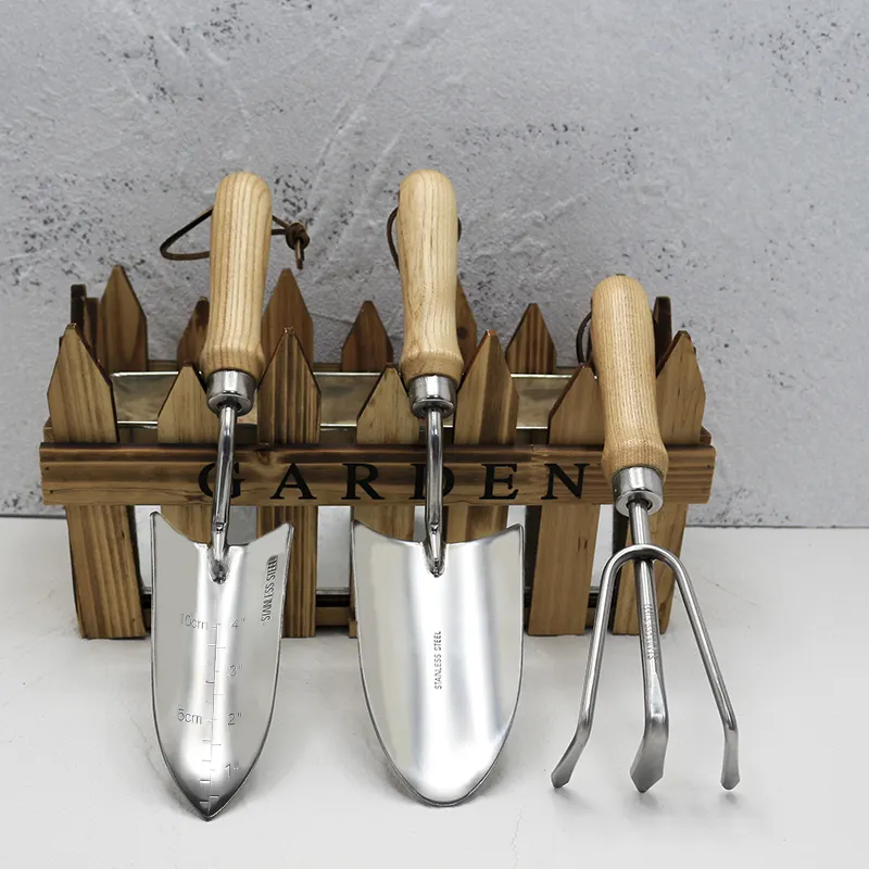 New Design Stainless Steel Rake Shovel Transplanter 3PCS Wood Handle Garden 3PCS Tool Set