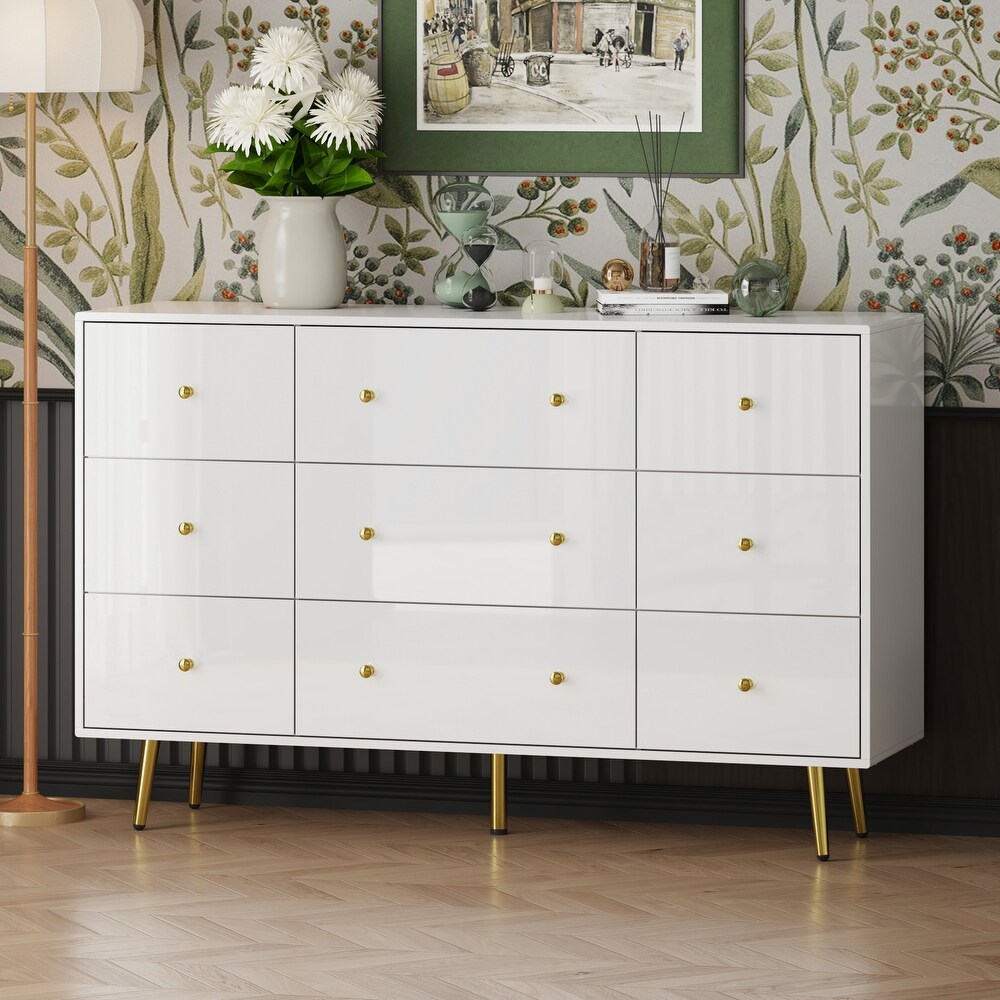 Contemporary 9 Drawer Dresser   High Gloss Finish with Gold Legs Chest