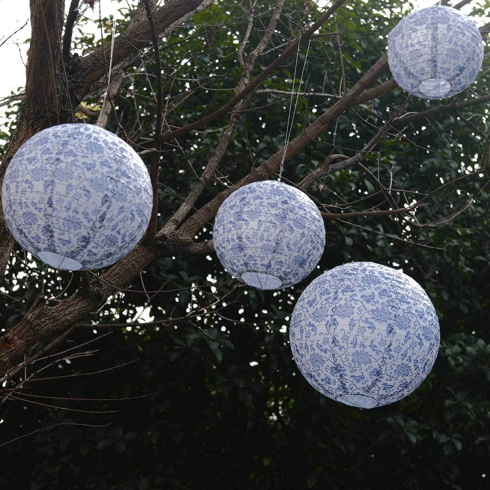 Set of 8 White Light Blue Hanging Paper Lanterns in French Toile Floral Pattern, Chinese Festival Lanterns - 6