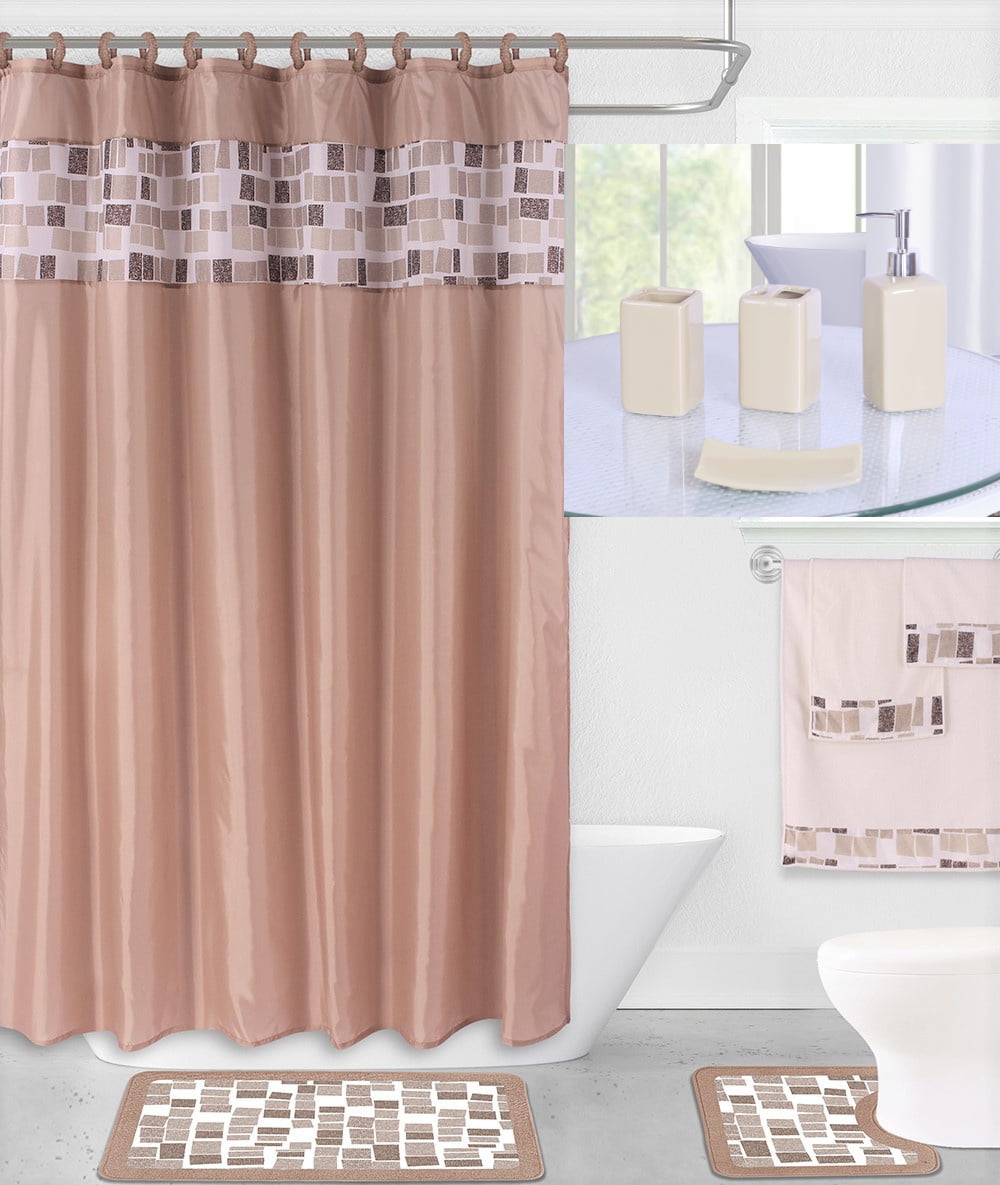 19PC DIAMOND TAUPE BATHROOM SET WASHABLE RUBBER BACKING ANTI SLIP INCLUDES 2 BATH RUG/MATH + 1 SHOWER CURTAIN + 12PC RINGS COVERED + 4 ACCESSORIES CERAMIC