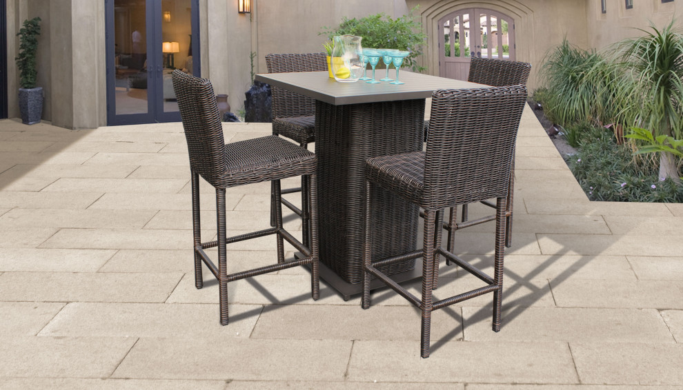 Venice Pub Table Set With Barstools 5 Piece Outdoor Wicker Patio Furniture   Tropical   Outdoor Pub And Bistro Sets   by Burroughs Hardwoods Inc.  Houzz