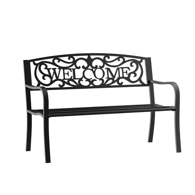 Outdoor Metal Welcome Bench Powder Coated Cast Iron Sign amp Steel Frame 2 Person Bench With Antique Vine Motifs amp Slatted Seat Black