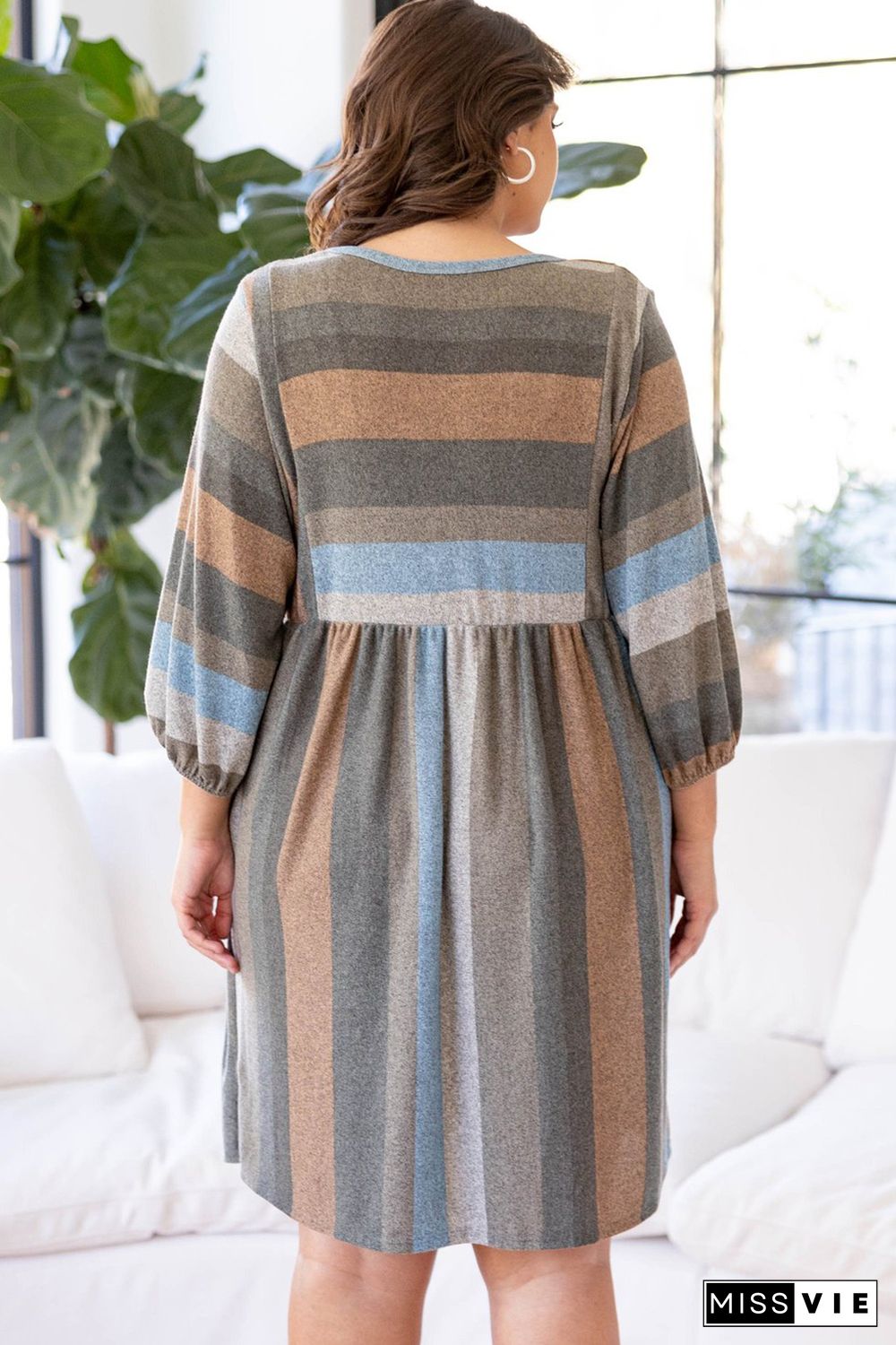 Stripe Plus Size 3/4 Sleeves Striped Print Empire Waist Dress