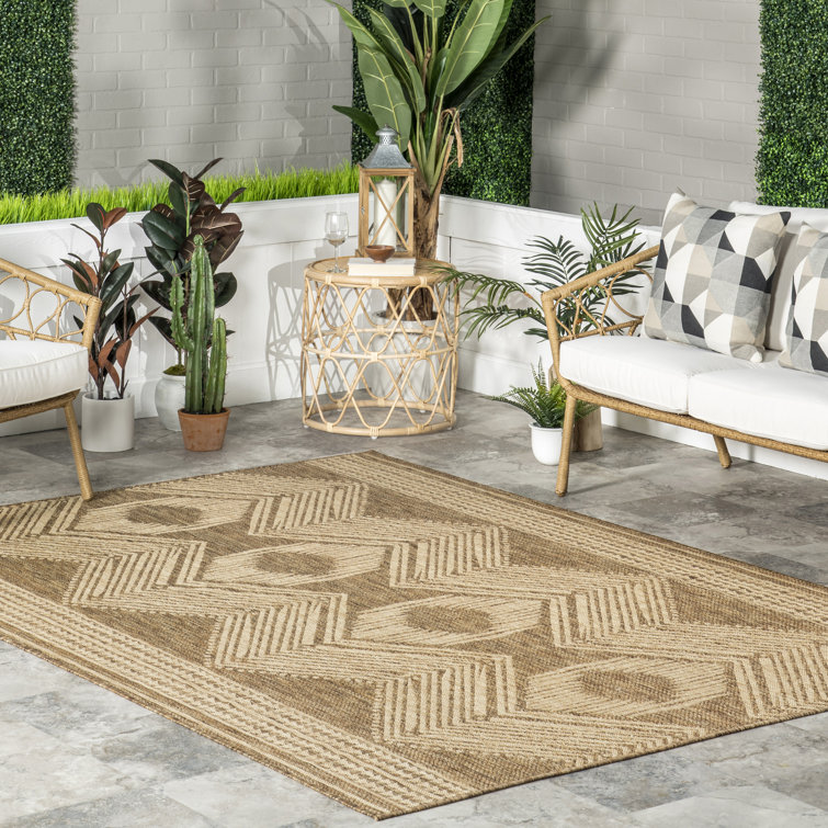 Kendall Geometric Indoor / Outdoor Patio Area Rug in Tan