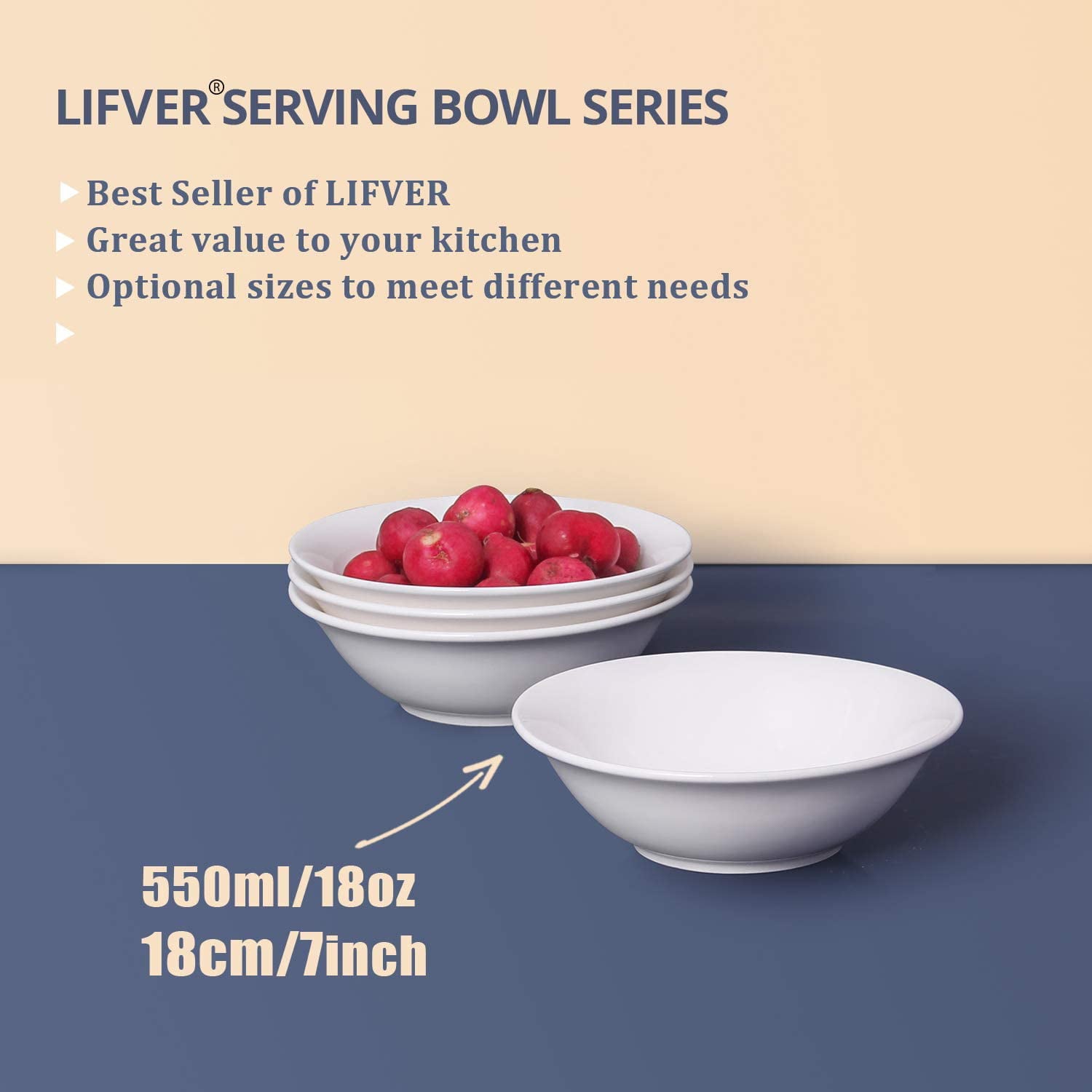 LIFVER Salad Bowls， 20 Oz Soup Bowls，Ceramic Bowls for kictchen， White Bowls for soup cereal rice noodle， Set of 4， Dishwasher and Microwave Safe