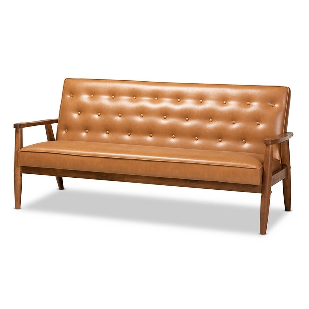 Sorrento Mid-Century Modern Tan Faux Leather Upholstered and Walnut Brown Finished Wood Sofa