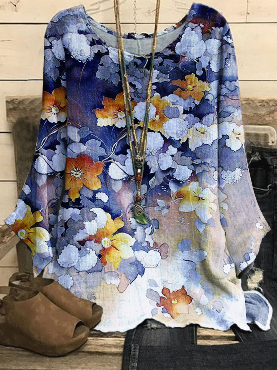 Round Neck Casual Loose Floral Print Long Sleeve Blouse