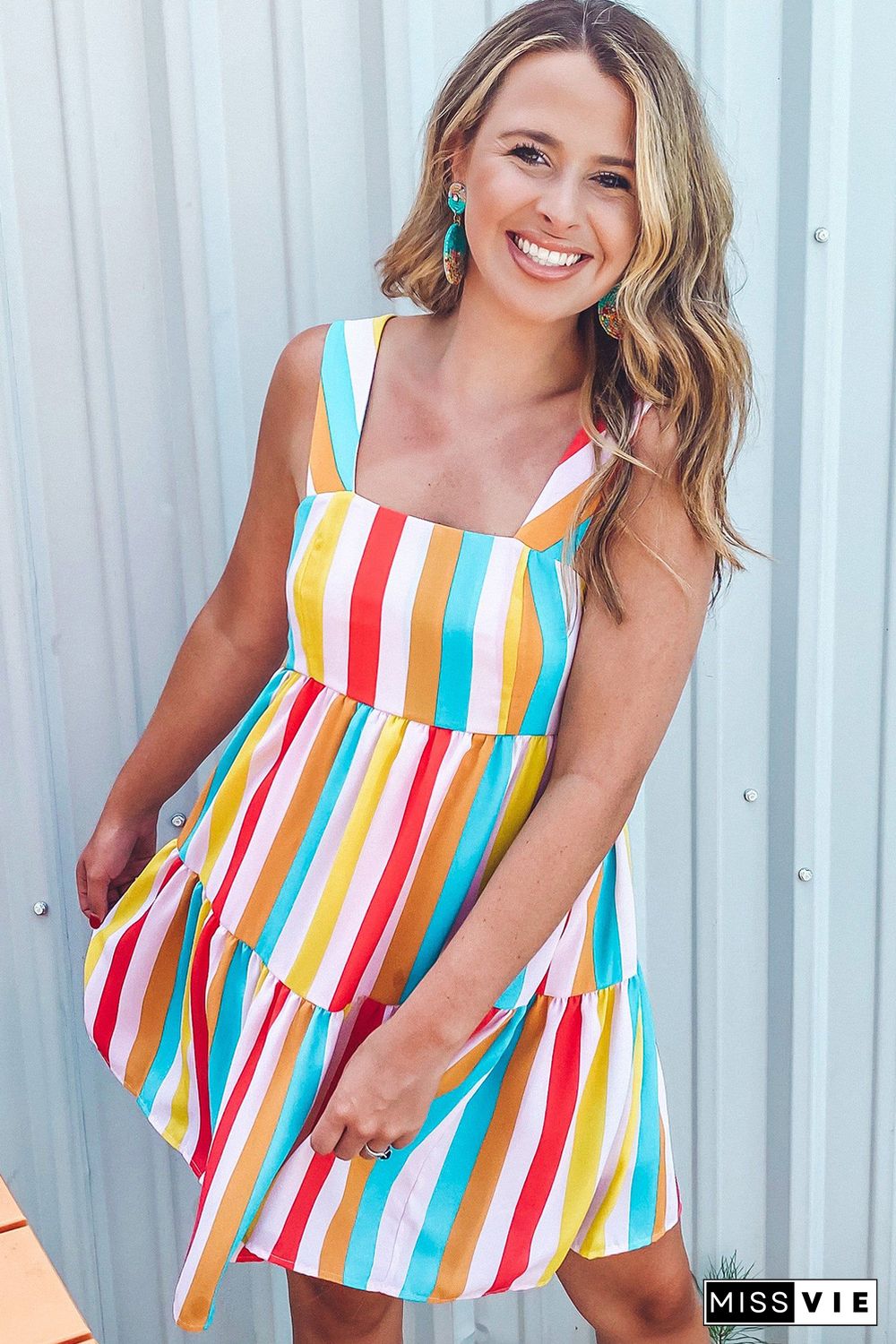 Multicolor Rainbow Stripe Print Tiered Sundress