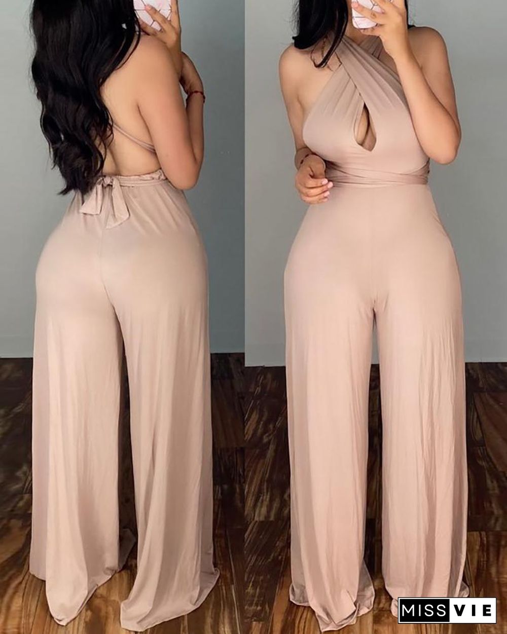 Halter Crisscross Backless Cutout Wide Leg Jumpsuit