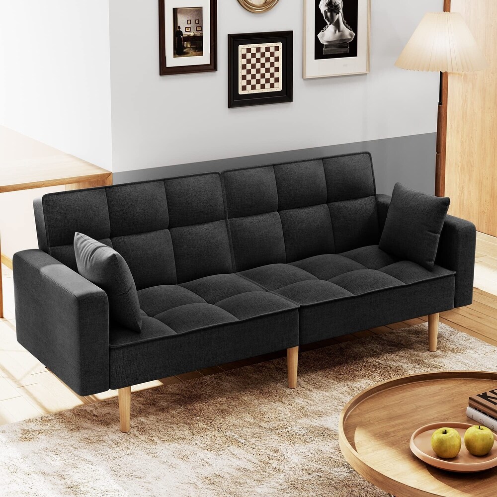 Linen Couches Upholstered Futon Sofa Bed with Thicken Wood Legs