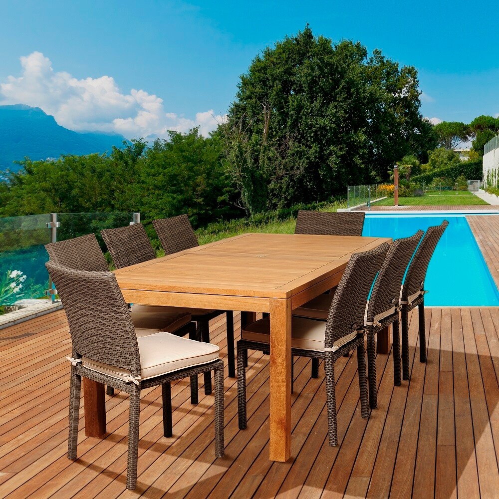 Damian 9 Piece Outdoor Dining Set Teak Wicker Rectangular Patio Furniture with Off White Cushions