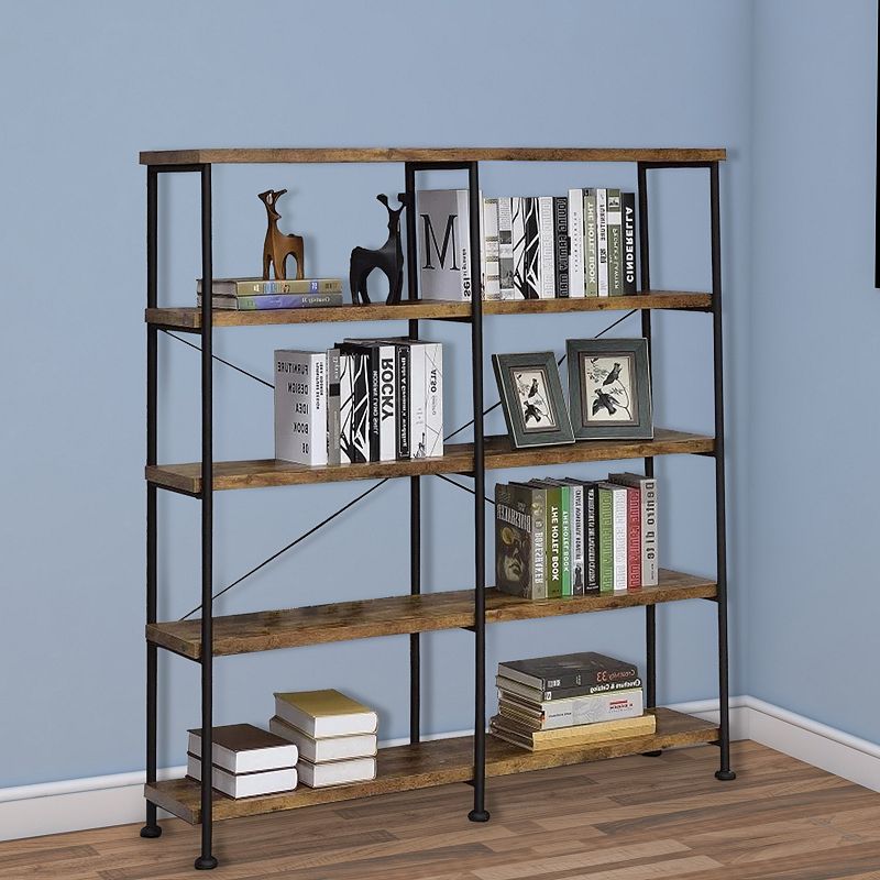 63 Inch Industrial 4 Tier Shelf Bookshelf， Particleboard， Metal Frame， Brown， Black