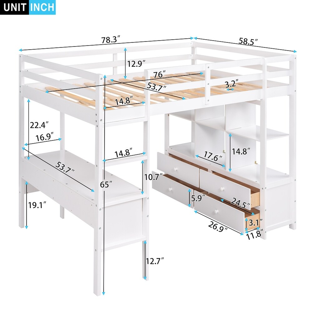 Full Size Loft Bed with Built in Desk with Storage Shelves   Drawers