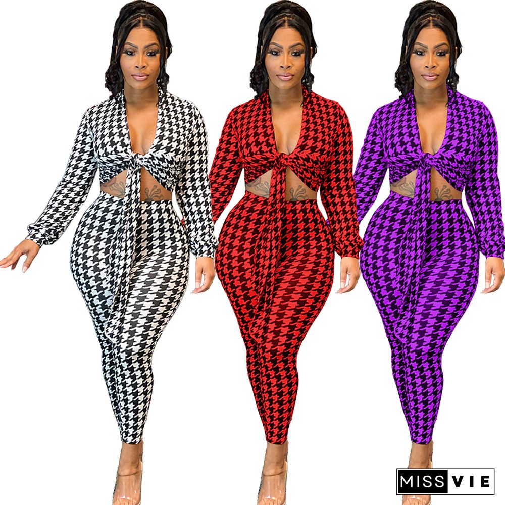 Houndstooth Print Bandage Crop Top Pants Set