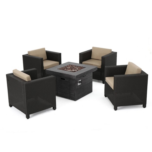 Puerta 5pc All weather Wicker Patio Club Chairs With Firepit Brown gray Christopher Knight Home