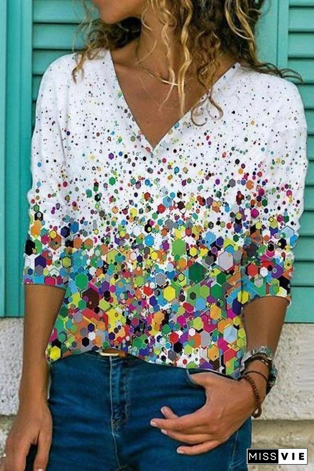 Multicolor Casual V-Neck T-Shirt