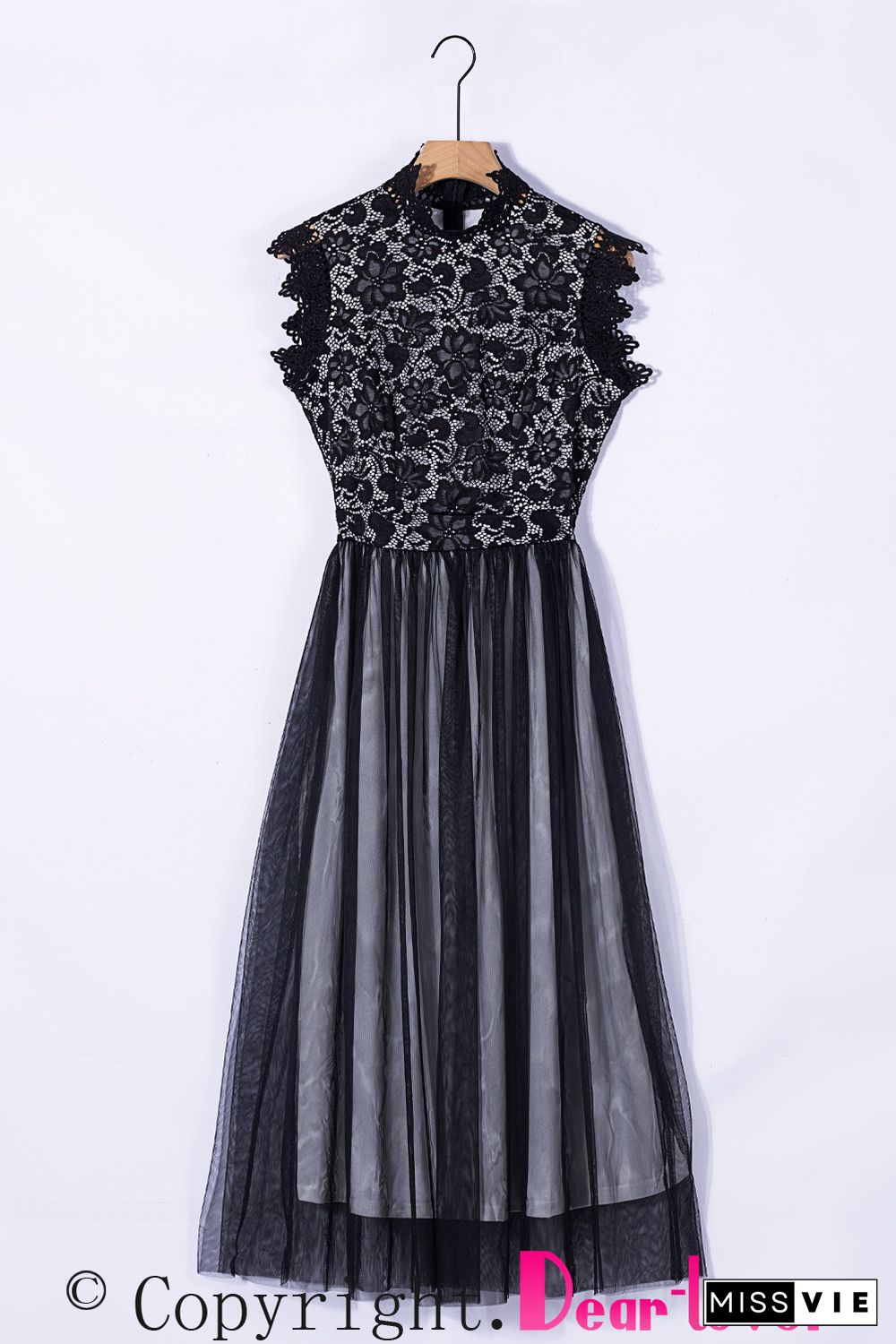 Black High Neck Sleeveless Crochet Lace Mesh Lined Evening Dress