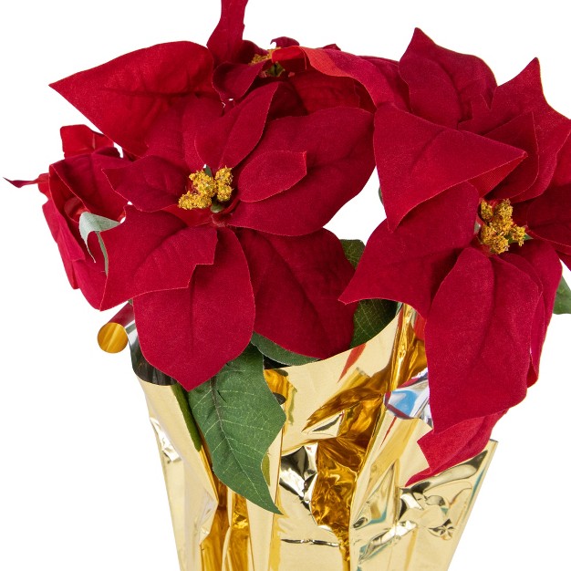 Red Artificial Christmas Poinsettia Arrangement With Gold Wrapped Pot