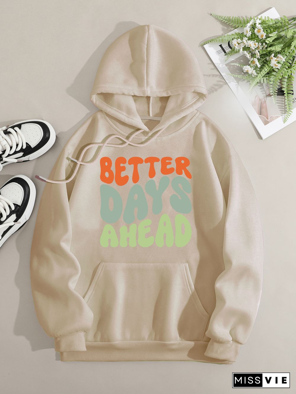 Printed on front Kangaroo Pocket Hoodie Long Sleeve for Women Pattern better days ahead