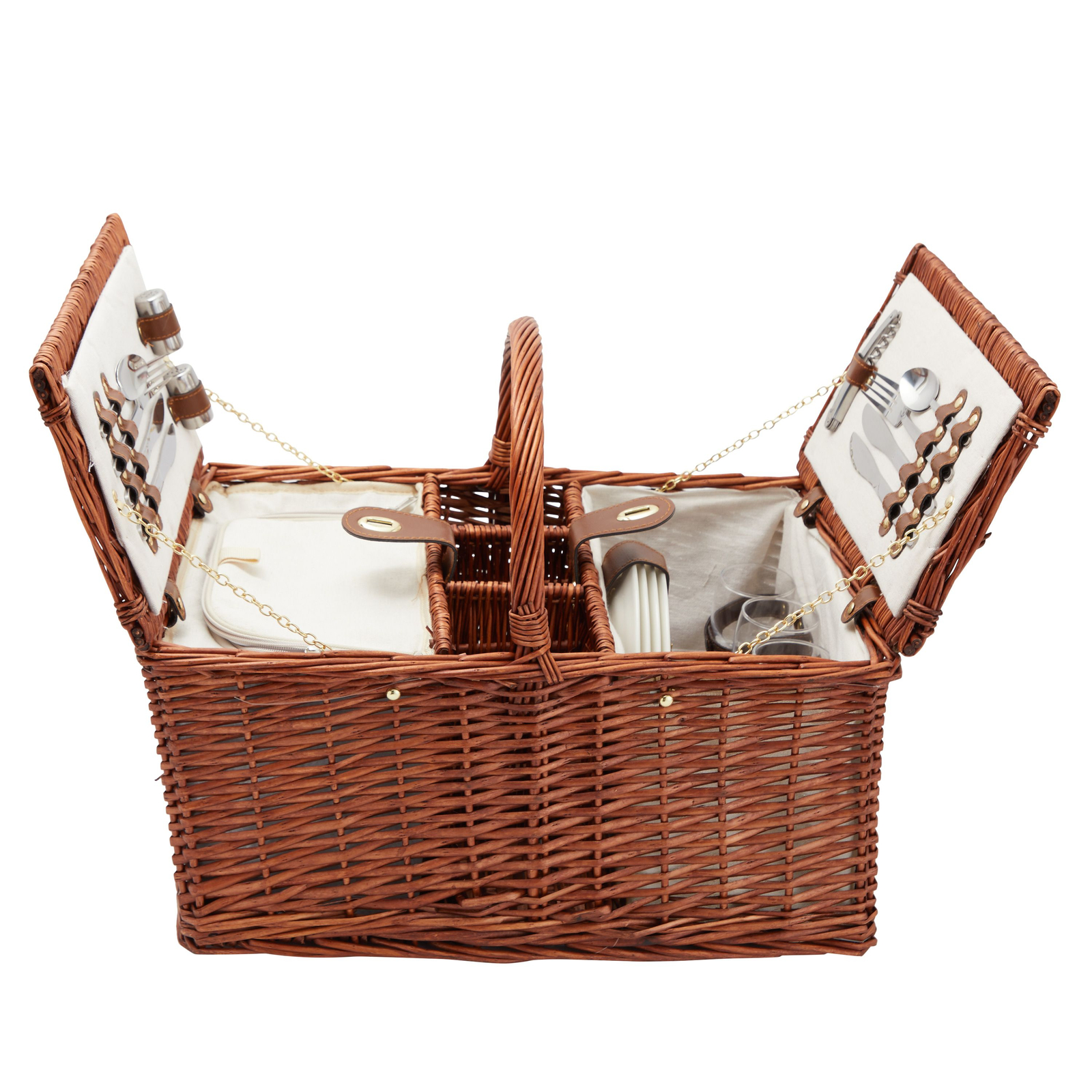 4 Person Wicker Picnic Basket Set with Utensils， Glasses， and Insulated Cooler Bag， Camping Essentials Outdoor Tableware for Family Gatherings