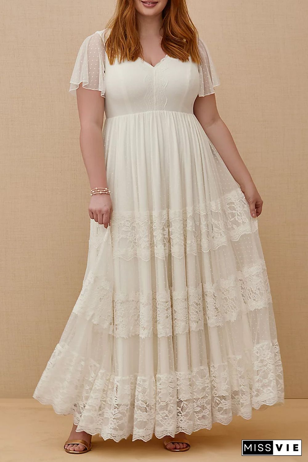 White Plus Size Lace A-line Boho Wedding Dress