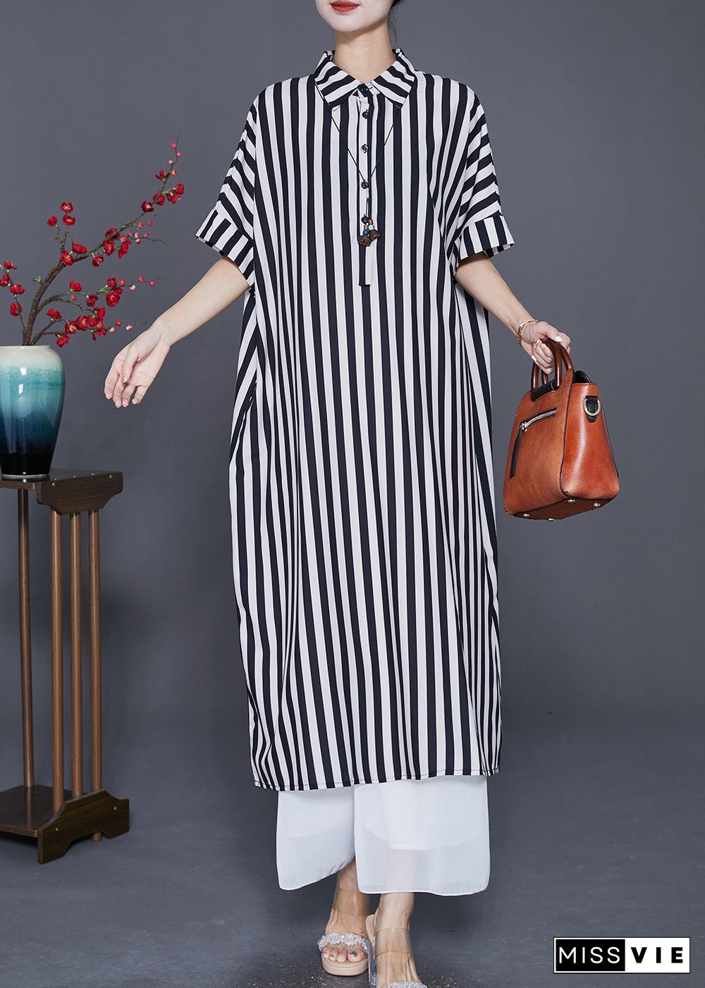 Black Striped Silk Maxi Dresses Oversized Peter Pan Collar Summer