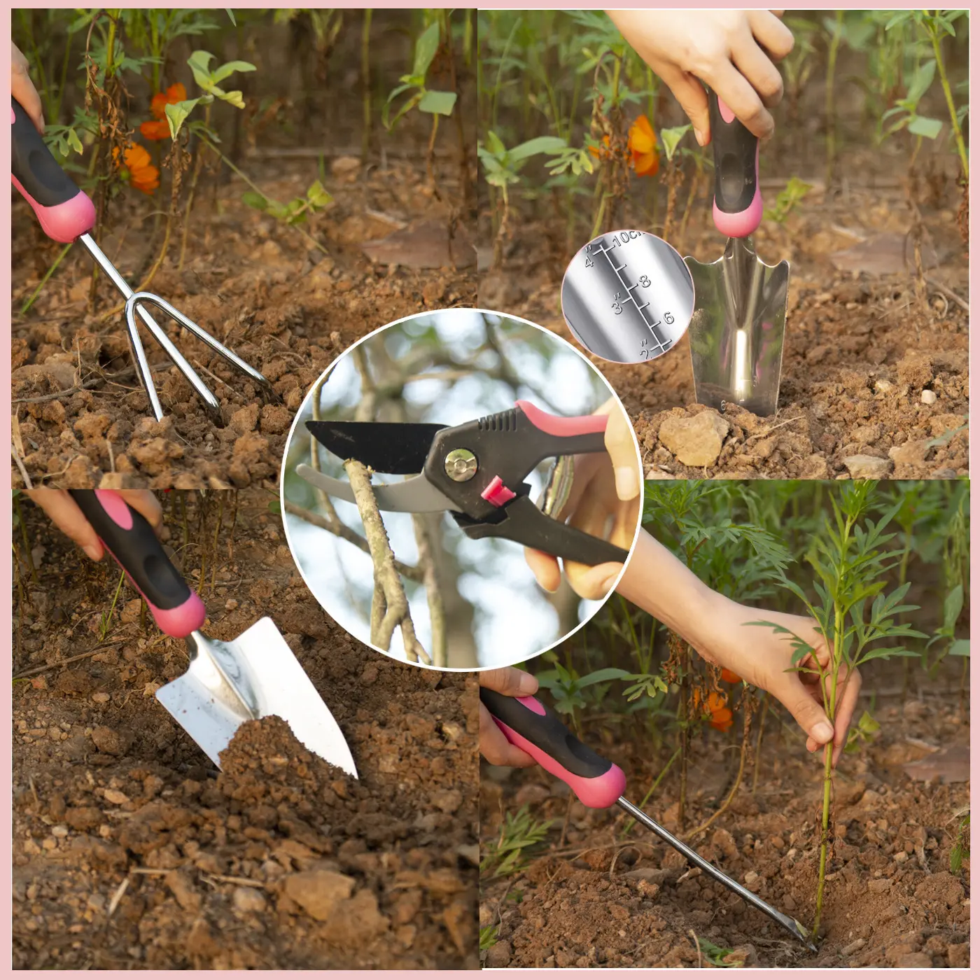 Ten Pack Stainless Steel PP TPR Handle Pink Shovel Rake Pruning Shears Mowing Weeding Garden Set with Oxford Bucket Bag