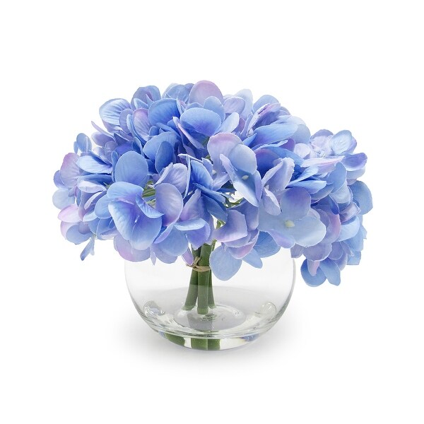 Artificial Hydrangea Flower Arrangement in Round Glass Vase 7in