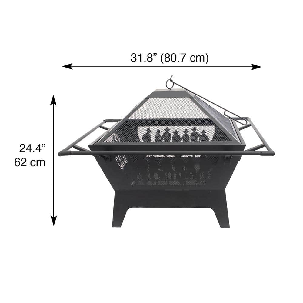 BLUE SKY OUTDOOR LIVING 31.5 in. Square Steel Wood Fire Pit with Screen And Screen Lift - Decorative Cowboy Design WBFP31SQ-GF